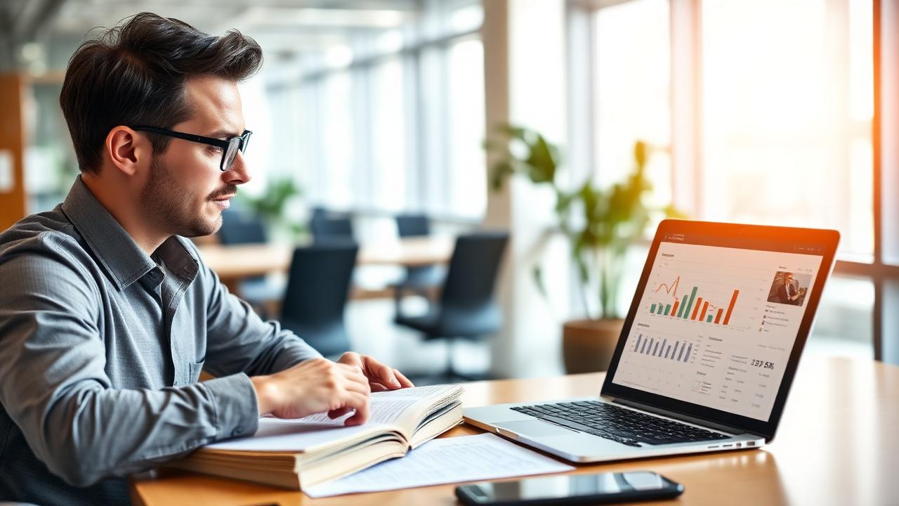 Small business owner reviewing books and accounting software on a laptop
